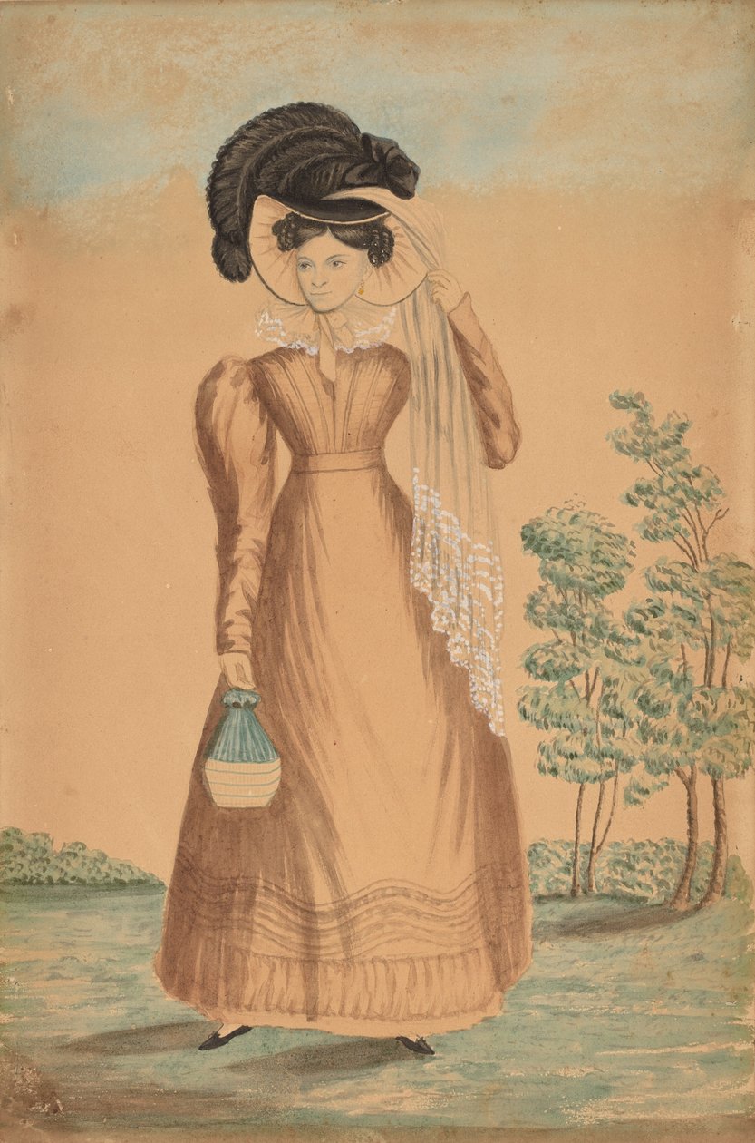 戴花帽的女人，约1825年。 作者 不明