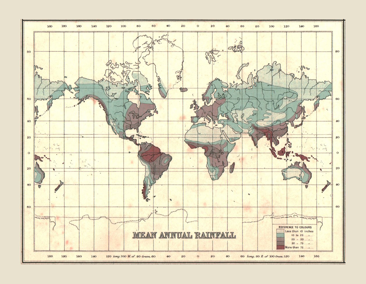 显示平均每年降雨量的世界地图，1902年。 作者 不明