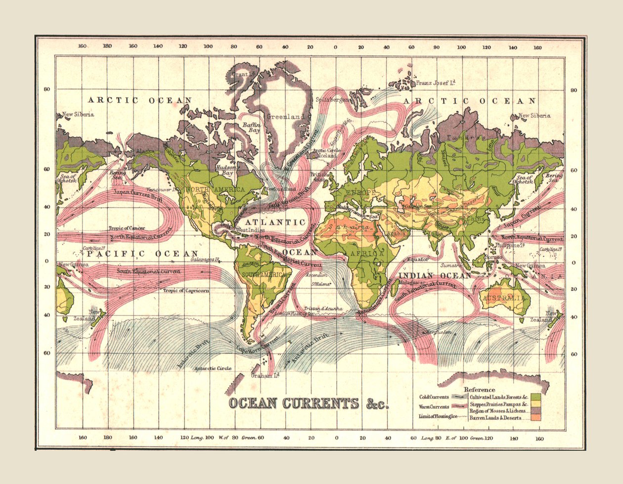 显示洋流的世界地图，1902年。 作者 不明