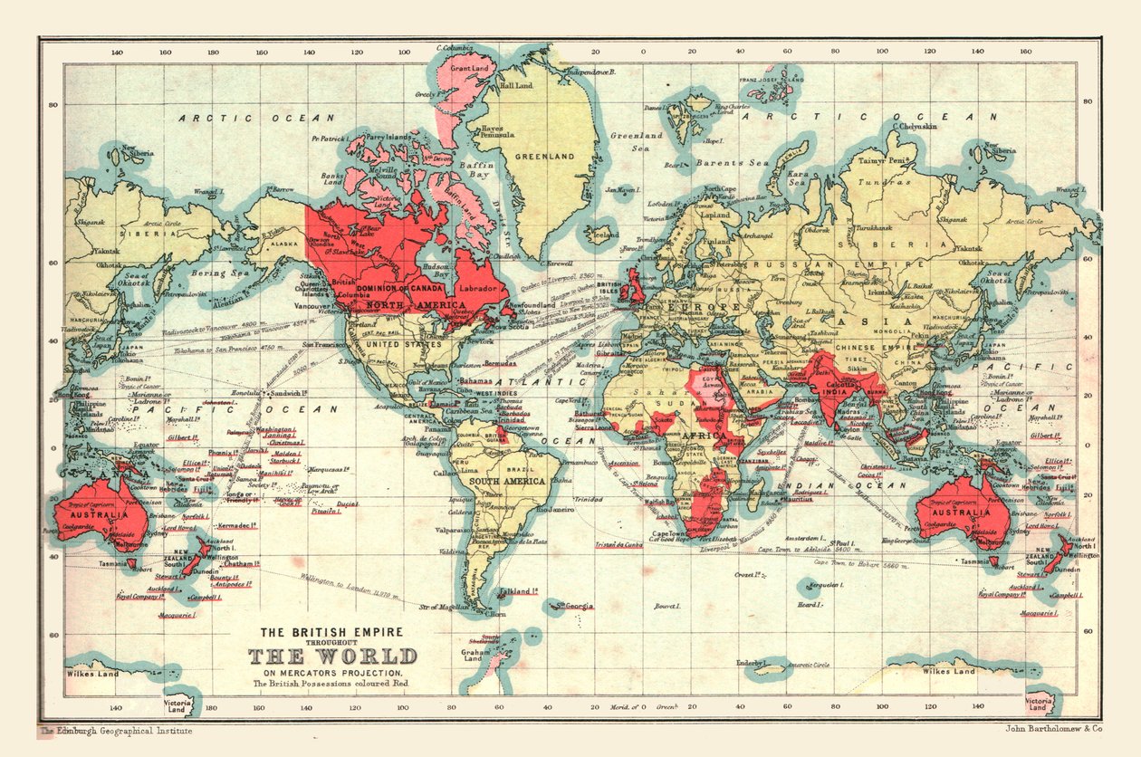 显示大英帝国的世界地图，1902年。 作者 不明