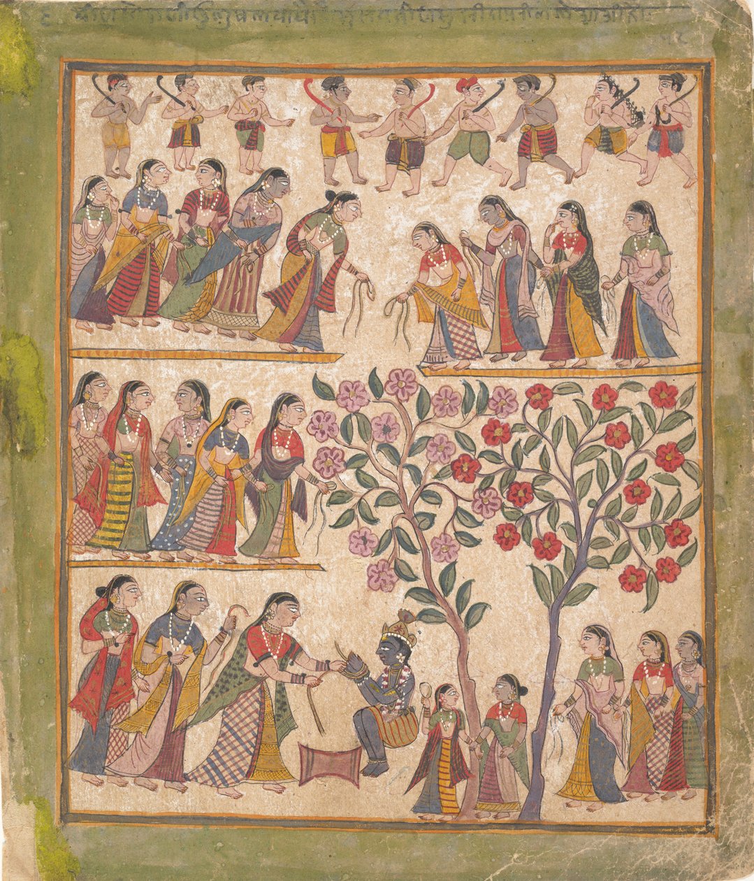 Yashoda绑缚了Krishnas的双手：《分散的Bhagavata Purana手稿》中的页面，1640-50。 作者 不明