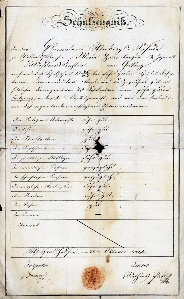 1840年9月24日，德国上巴伐利亚州格雷茨里德学院一所小学的一名学生（莫妮卡-哈尔滕贝格，圣职者的女儿）在周日的年终学校报告，欧洲 作者 不明