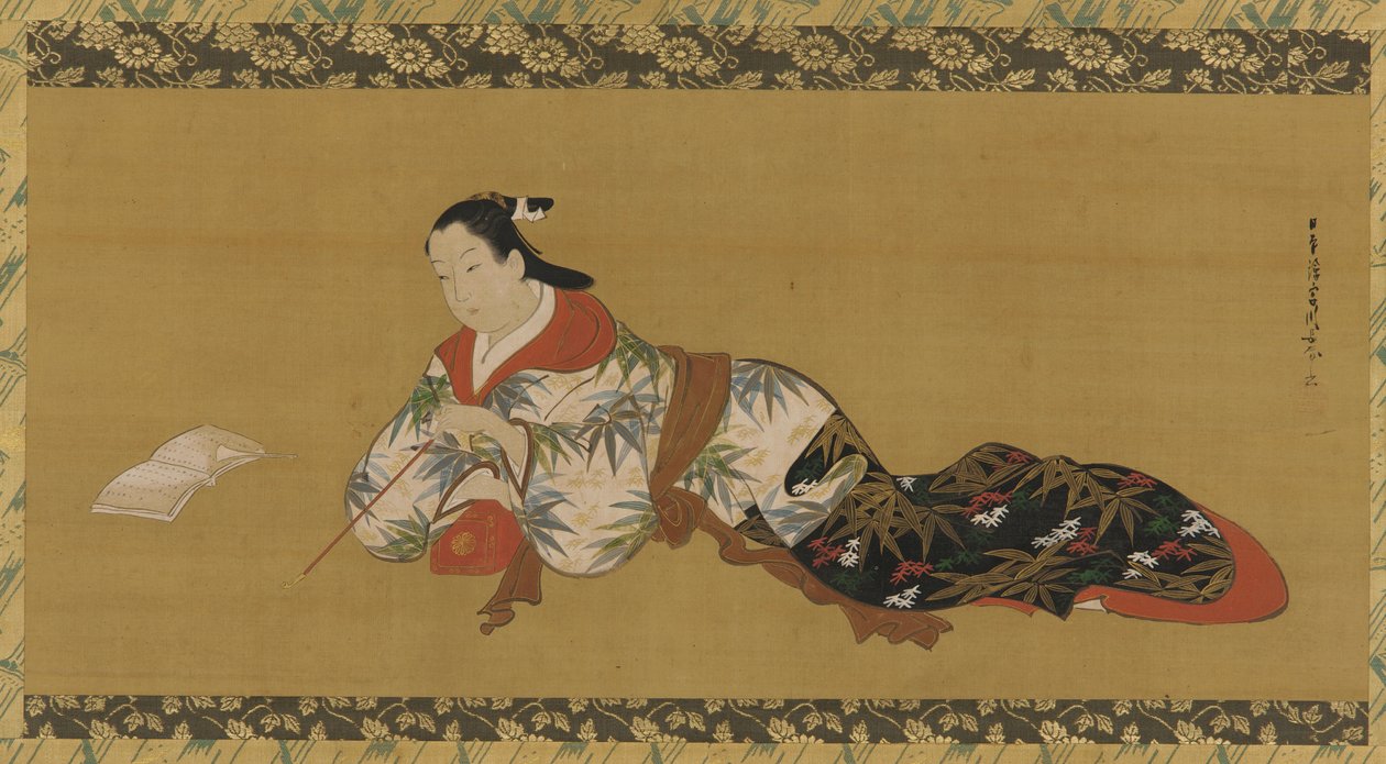 躺着看乐谱的Yujo，江户时代，1615-1868。 作者 不明