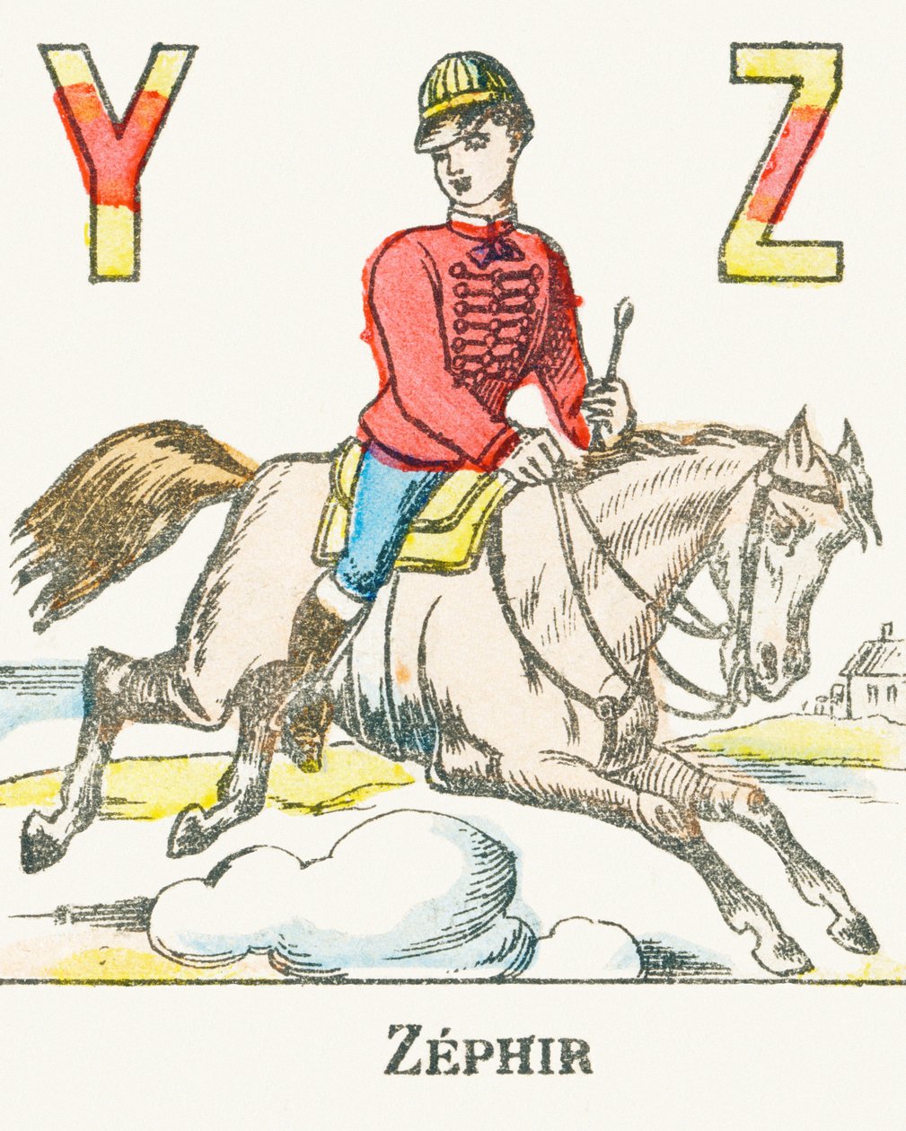 Z：Zephir，骑着他的名叫Zephyr的马驰gall的骑手-游戏字母，约1890年（雕刻） 作者 不明