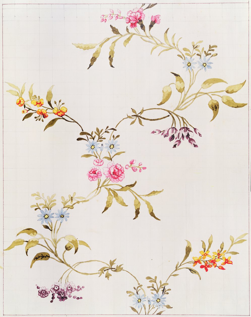 由Spitalfields编织的丝绸材料的康乃馨和玫瑰的花卉设计，由Anna Maria Garthwaite（1690-1763），1744年（纸上的wc，转移的平方） 作者 未知未知