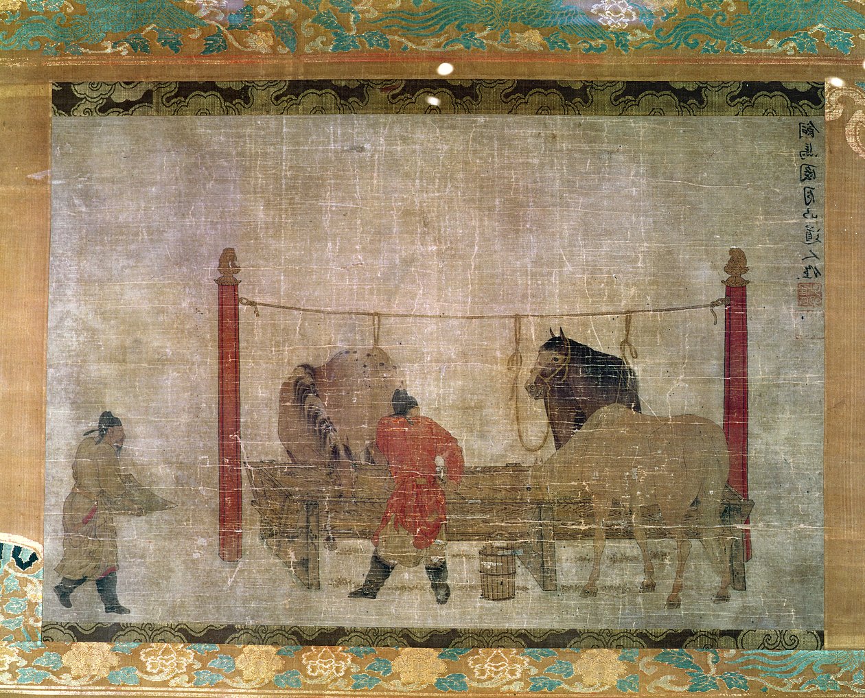 挂着，描绘了在丝绸上喂马，墨水和水彩的新郎，归功于中国的Jen Jen-Far，14世纪 作者 未知未知