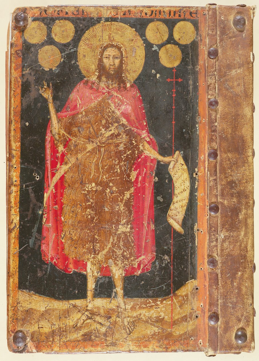 施洗者圣约翰与金弗洛林一起，来自“宪兵协会章程”的封面，c.1380 作者 未知未知