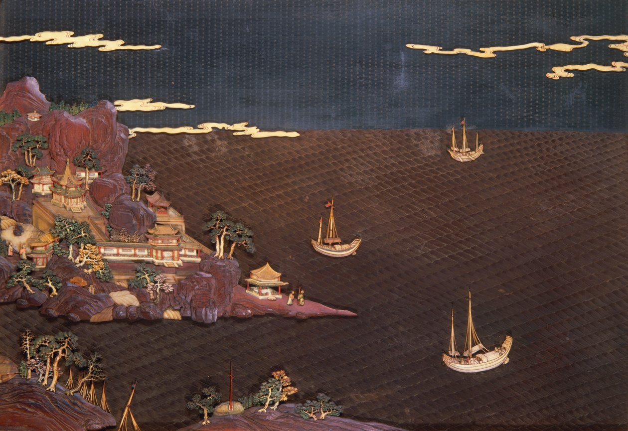 托盘与海洋场景采取从当代印刷品，尿布工作，c.1785（漆） 作者 未知未知
