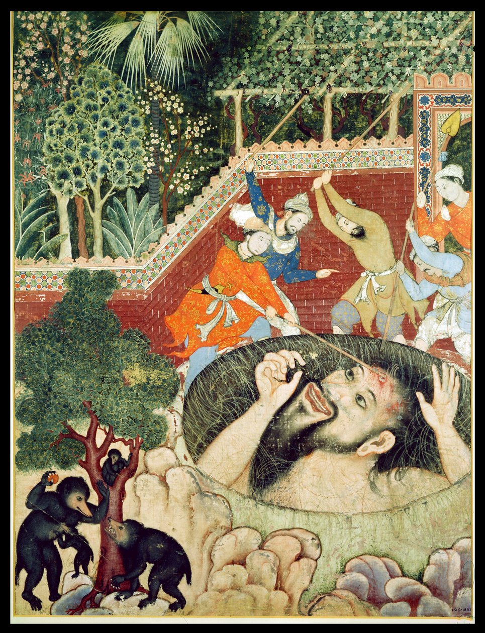 Zumrud Shah陷入一个坑，被来自Hamzanama（哈姆扎书），印度或巴基斯坦的园丁殴打，1562-77（不透明的棉花） 作者 未知未知