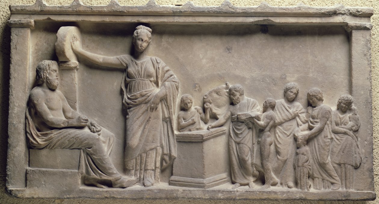 表达一个家庭牺牲公牛的家庭，以牺牲公牛Asclepius，健康之神和他的女儿Hygieia，希腊，公元前5世纪 作者 未知未知