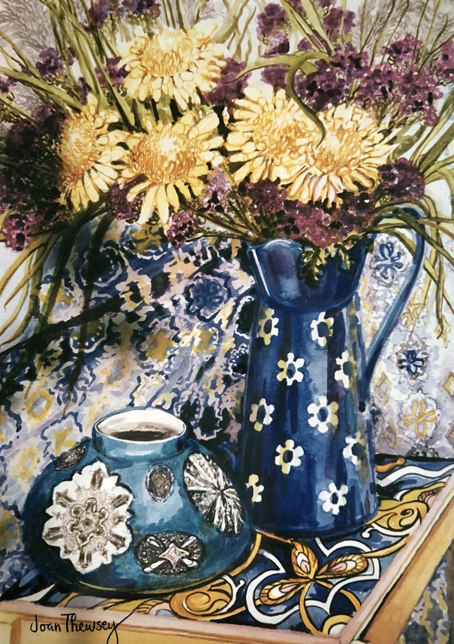 蓝色反对蓝色 - 意大利瓷砖上的菊花和蓝色珐琅壶， 作者 未知未知