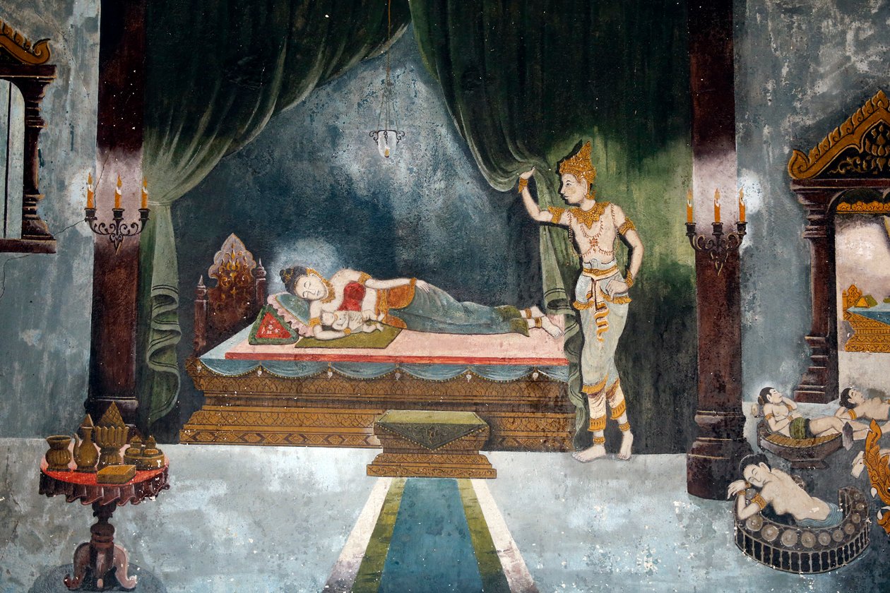 壁画描绘了清迈Wat Phra Doi Suthep的佛陀生活场景。作为Siddharta王子的佛陀离开了他的妻子和孩子。泰国 作者 未知未知