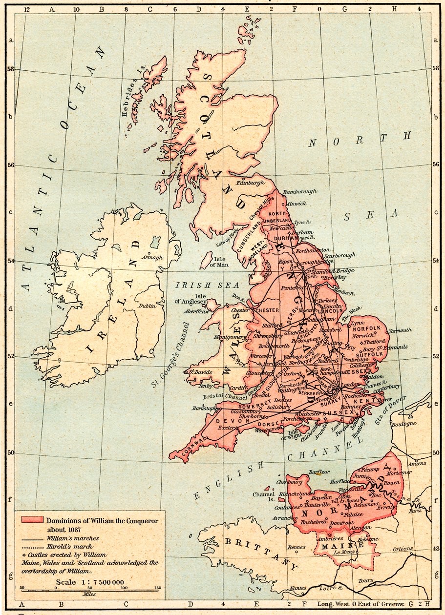 1923年出版的“历史地图集”中的英国地图，显示征服者威廉的统治，c.1087 作者 未知未知