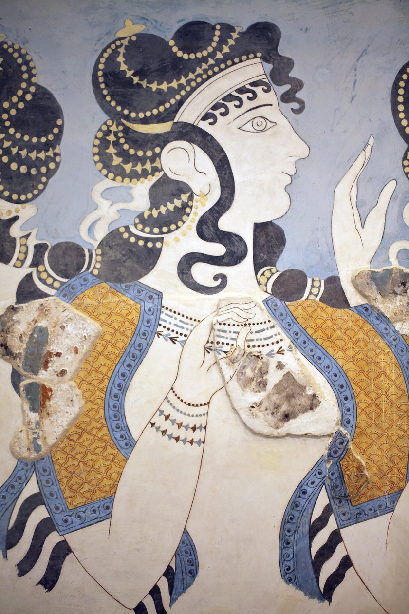 米诺斯艺术。详细介绍“”女士们穿着蓝色“”壁画。在蓝色的地面上描绘的衣着华丽和华丽的珠宝女性形象的组成。尽管它的局部条件很脆弱，但这幅壁画却传递出富裕和繁荣的意义 作者 未知未知