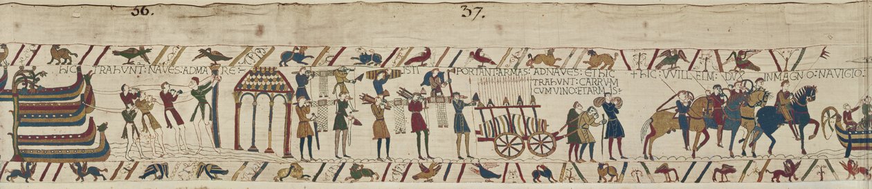 诺曼人携带武器到船上，拉着装满酒和手臂的推车，Bayeux Tapestry 作者 未知未知