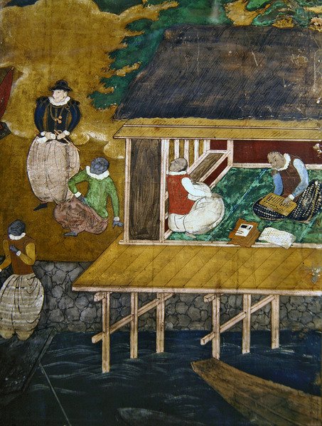 葡萄牙人在日本的到来，踩着高跷的房子的细节，从Namban Byobu屏幕，1594-1618 作者 未知未知