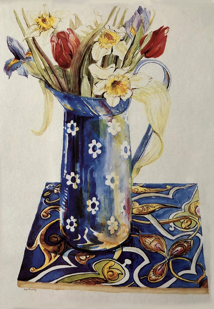 郁金香，鸢尾和水仙在蓝色搪瓷壶与意大利瓷砖， 作者 未知未知
