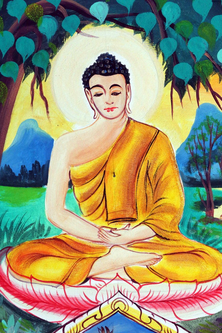 20151029, 老挝万象市:Wat Inpeng 佛教寺庙。描绘释迦牟尼佛生平故事的绘画。佛陀坐着打坐的姿势 作者 不明