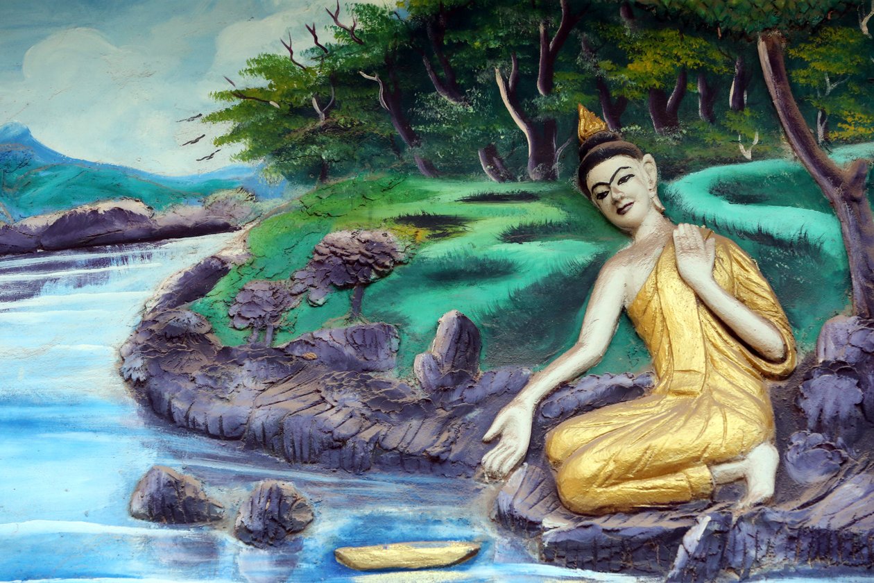 20151029, 老挝万象市:Wat Inpeng 佛教寺庙。描绘释迦牟尼佛生平事迹的绘画。在河里洗澡 作者 不明