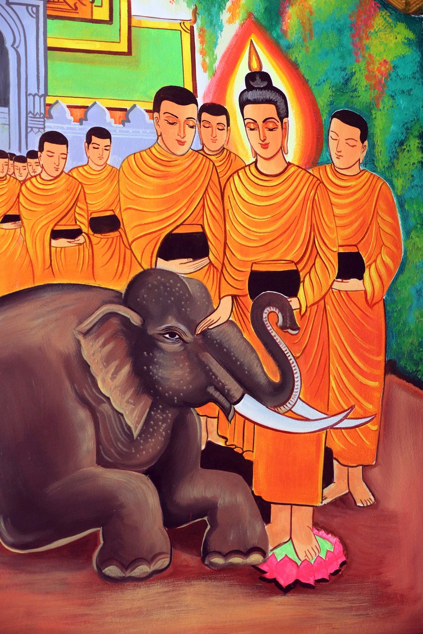 20151029, 老挝万象市:Wat Si Muang (Simuong) 佛教寺庙。描绘释迦牟尼佛生命故事的绘画。一头被慈悲心肠驯服的野象 作者 不明