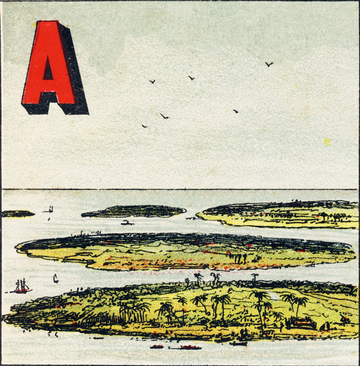 A: Archipelago。它是一群团结在一起的岛屿 - 雕刻取自Alphabet geographique。Guerin-Muller et Cie, editeurs, Paris 作者 不明