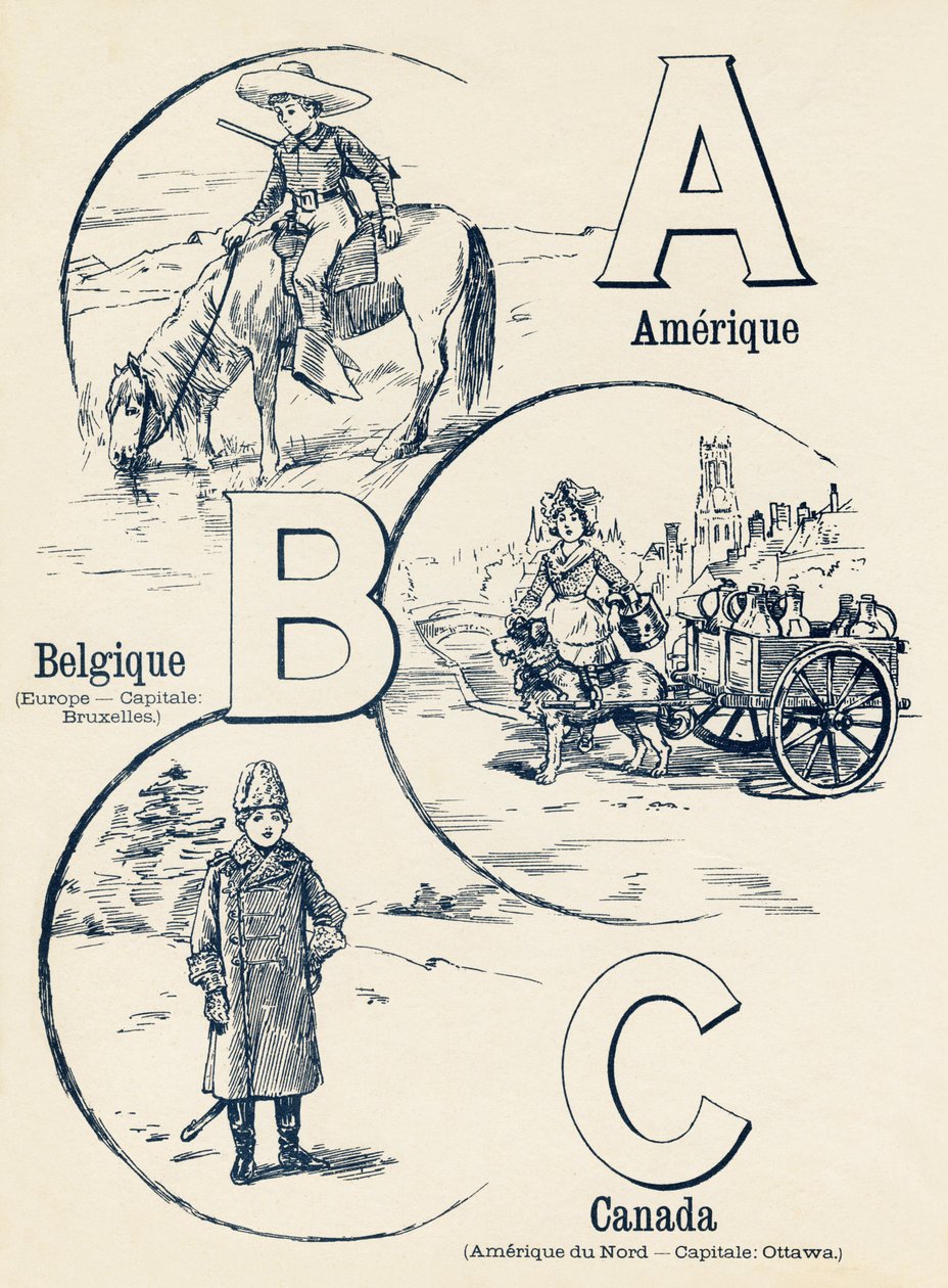 A B C：美国、比利时、加拿大 - 两个世界的 ABC。 Emile Guerin，出版商，巴黎，约 1900 年。尺寸：27.5 x 21.5 厘米 作者 不明