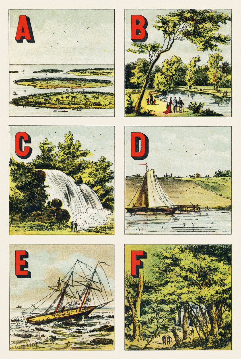 A B C D E F：群岛、布洛涅森林、瀑布、堤坝、礁石、枫丹白露森林 - 从 Alphabet geographique 中提取的雕刻。 Guerin-Muller et Cie，编辑，巴黎 作者 不明