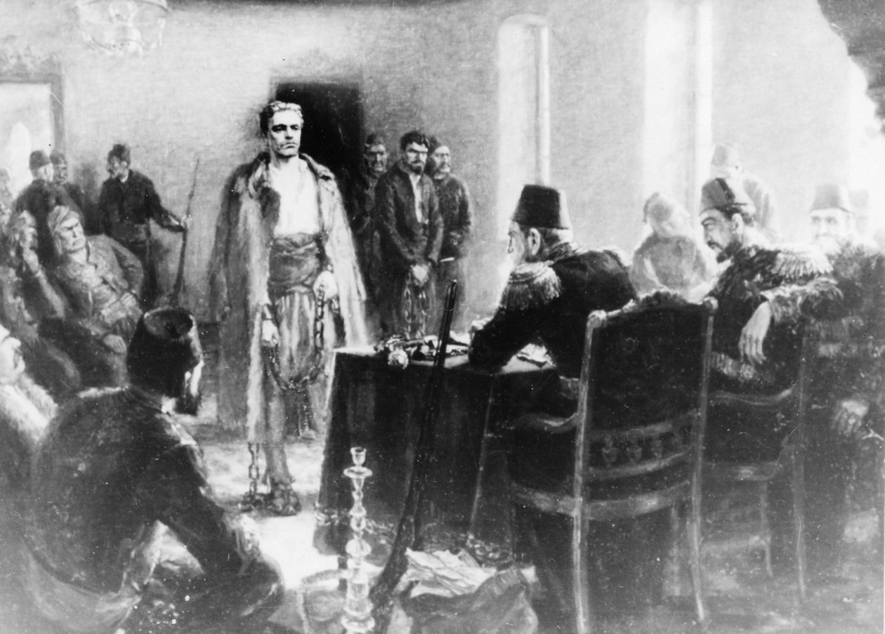 Kalina Tasseva 描绘保加利亚革命者 Vasil Levski 在奥斯曼帝国法庭前的画作 作者 不明