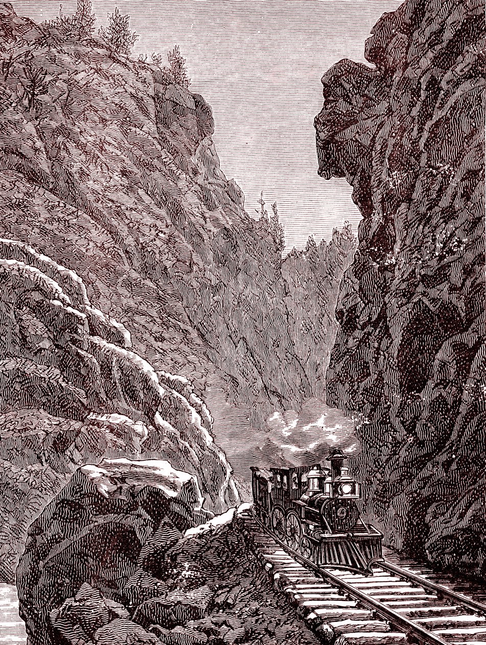 穿越科罗拉多山脉的火车。1886 年的美国（雕刻） 作者 未知艺术家