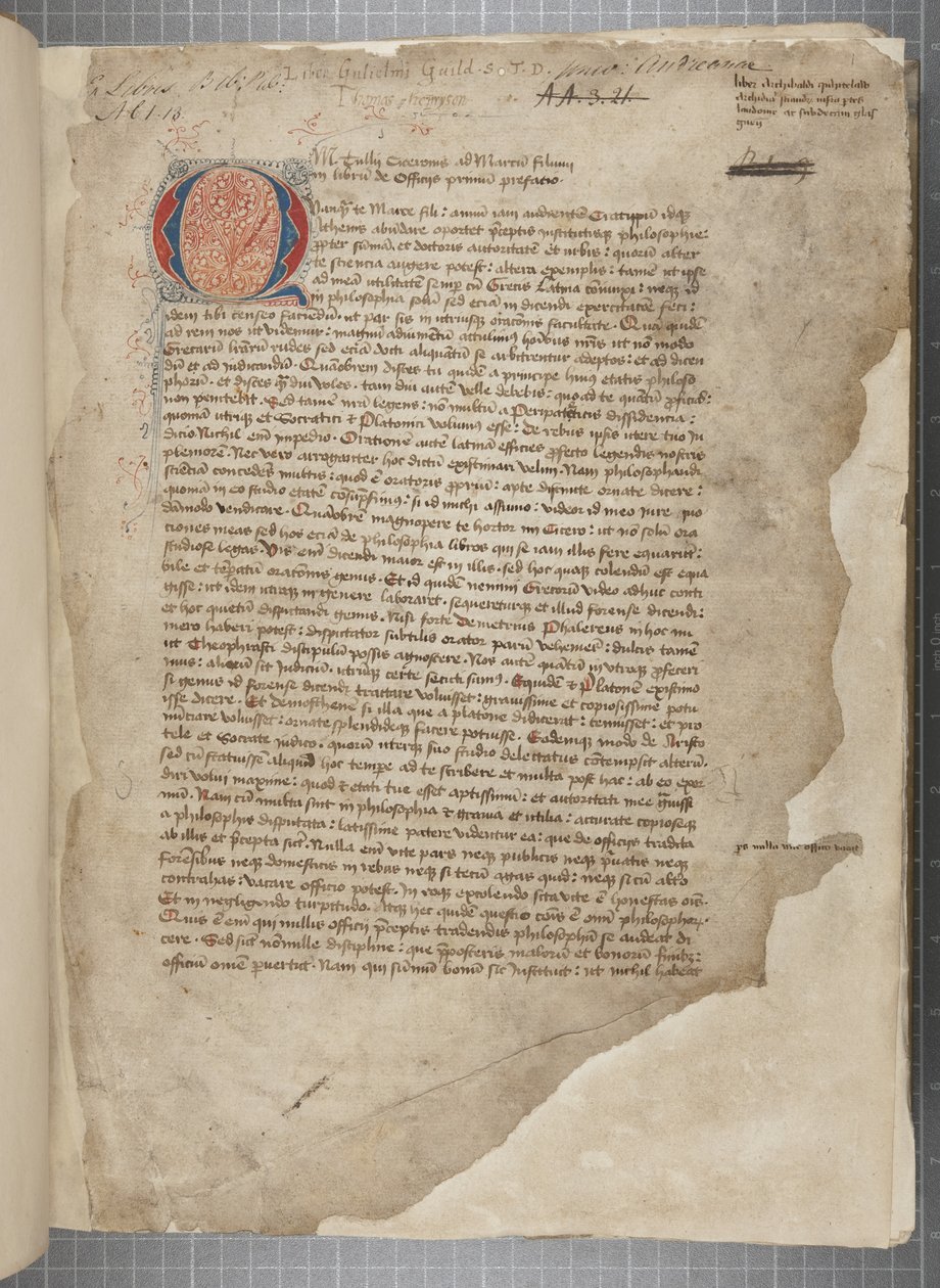 A transcript, in three hands, of the philosophical works of Marcus Tullius Cicero seemingly taken from the editio romana of 1471, with marginalia in the hand of Archibald Whitelaw and others, c.1480 (ink on parchment) 作者 不明
