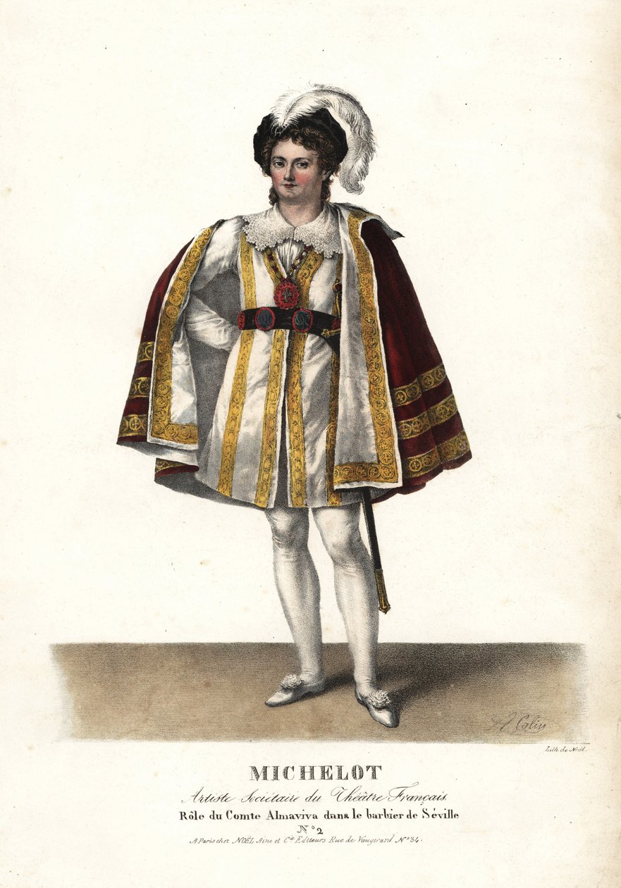 演员 Pierre Marie Nicolas Michelot 在法国剧院皮埃尔-博马舍创作的 Le Barbier de Seville 中饰演阿尔玛维瓦伯爵。F. Noel 根据 Alexandre-Marie Colin 的插图绘制的手绘彩色石版画，选自《Portraits d