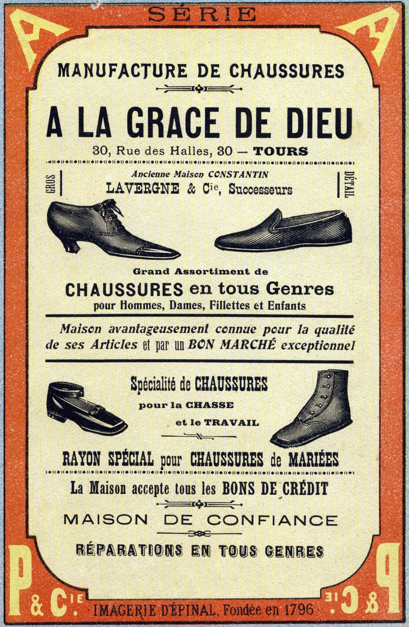 图尔 "A la grace de dieu "鞋厂的广告。雕刻于 "ABC Les Images en Alphabet"。埃皮纳尔成像。Pellerin and Cie，印刷商-出版商，埃皮纳尔，19世纪末，约1890年。10页。尺寸：19.5 x 13.5 厘米 作者 不明