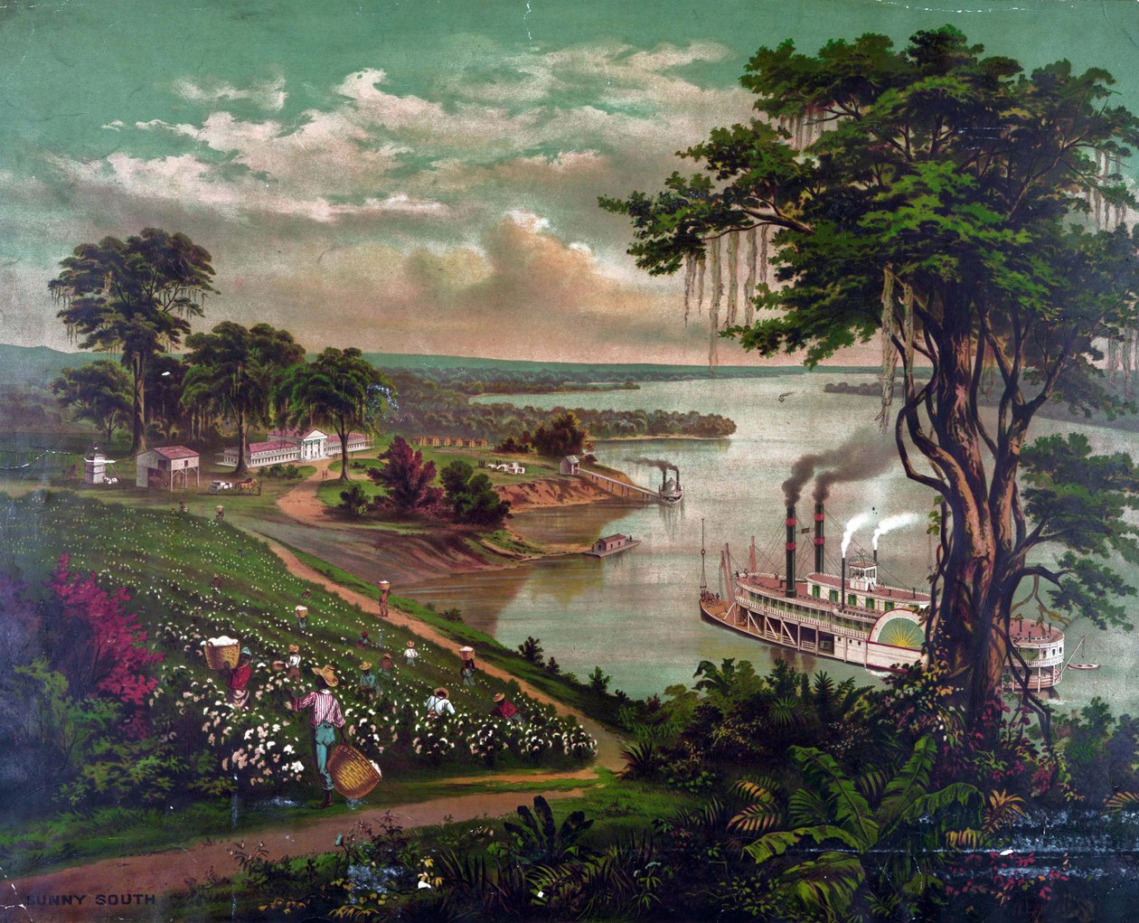 1883 年，密西西比河畔种植园里采摘棉花的非洲裔美国人。左侧为种植园房屋，右侧为工人小屋。中间是用于装载棉包的码头。划桨蒸汽船 河流 农业 纺织 景观 美国 作者 未知艺术家