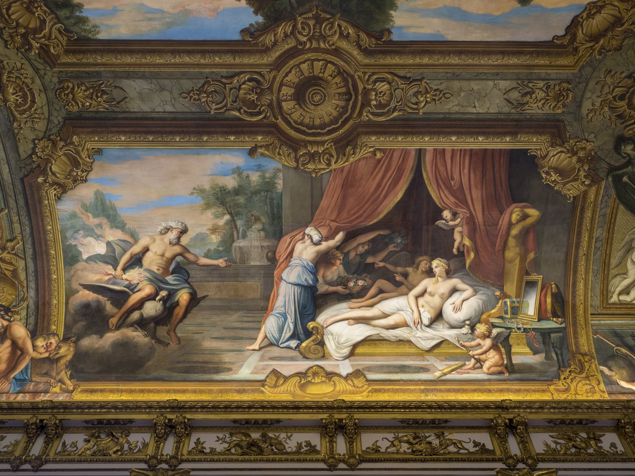 Allegorie du Feu 代表木星和塞梅勒，路易十三（1601-1643）访问奥地利的安妮（1601-1666）（路易十四的构想）。 Galerie doree 拱顶的绘画，由 Francois Perrier (1594-1649) 作者 不明