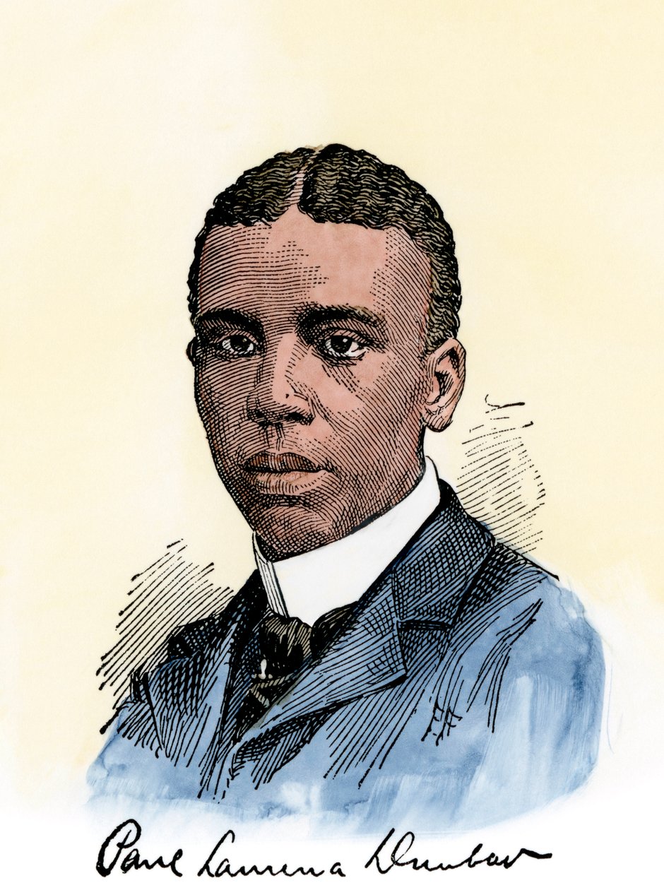 美国诗人保罗-劳伦斯-邓巴（Paul Lawrence Dunbar，1872-1906 年）的亲笔签名。19 世纪插图的手工上色木刻版画 作者 未知艺术家