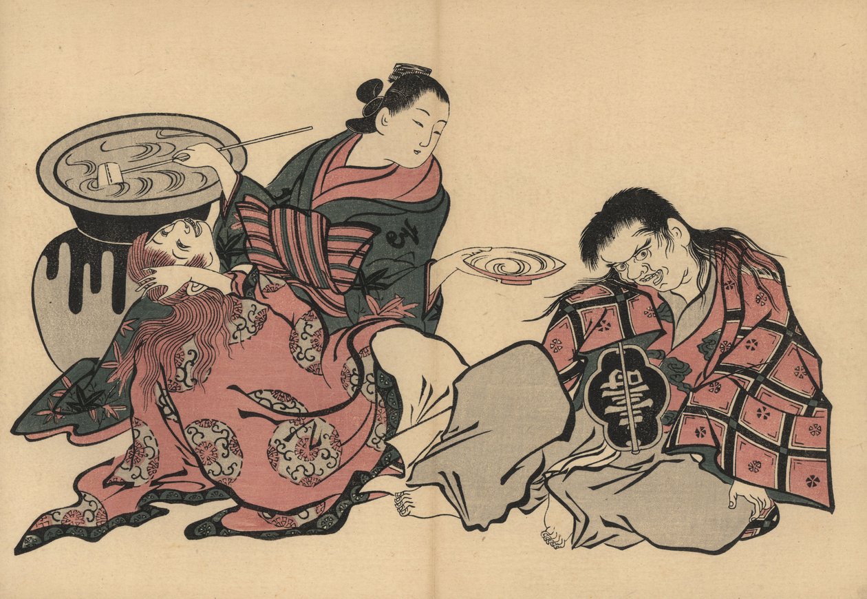 一位花魁正在用一个巨大的花瓶装清酒。奥村正信（1686-1764 年）的木版画，出自东京的 Fuzoku Emakimono《水上贸易图卷》，约 1880 年再版。 作者 未知艺术家