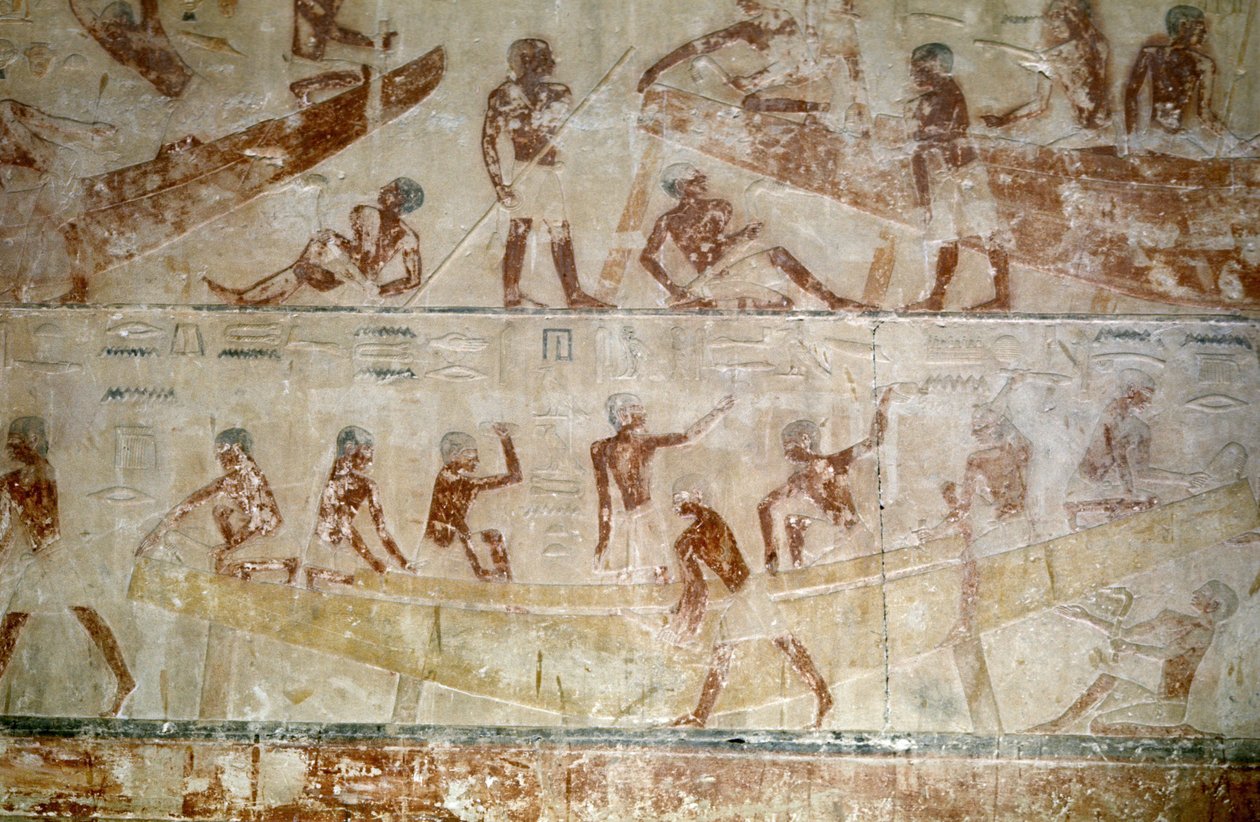 古埃及：Saqqarah（或 Saqqara 或 Sakkarah）：旧帝国的墓地，贵族墓。表现建造船只的浮雕细节。 作者 未知艺术家