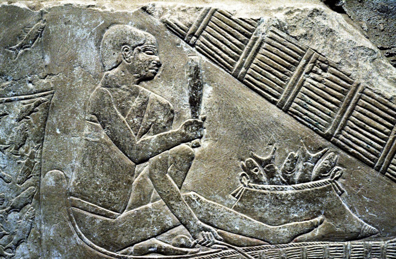 古埃及：Saqqarah（或 Saqqara 或 Sakkarah）：旧帝国的墓地，贵族墓。表现渔夫的浮雕细节。 作者 未知艺术家