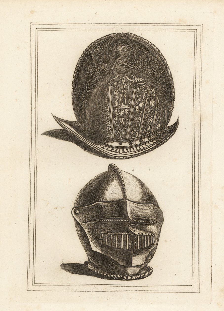装饰有军事战利品的古代威尼斯 morion 头盔，以及来自伦敦塔的带有统一面罩和 Bever 的 burgonet 头盔 作者 不明