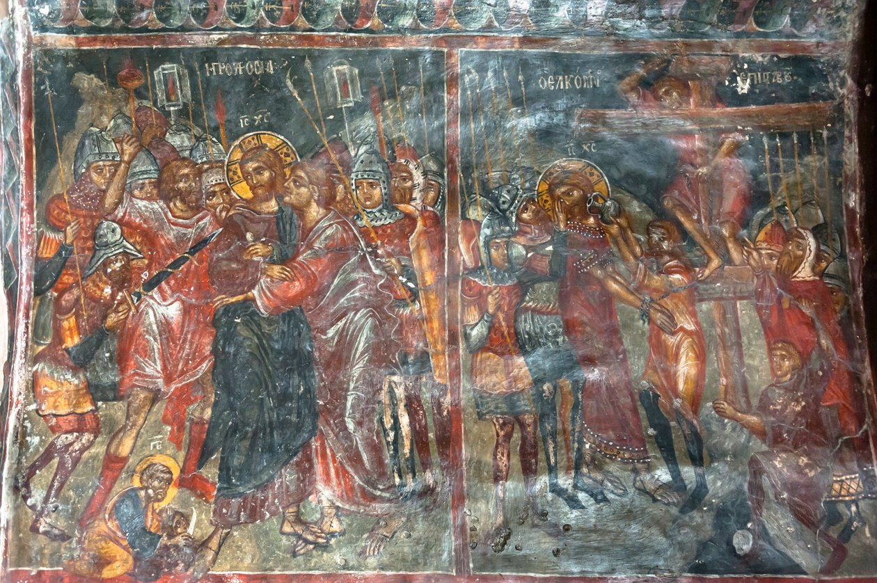 古代壁画；壁画；犹大之吻；耶稣受难；Panagia和Sotiras教堂；希腊东正教教堂；Roustika；克里特岛；希腊；欧洲 作者 不明