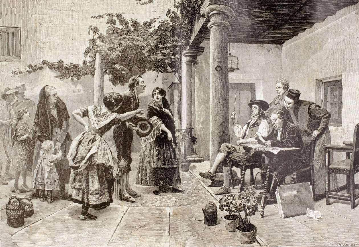Ante el Alcalde (Before the Mayor), after a painting by Spanish artist Julio Worms, from 