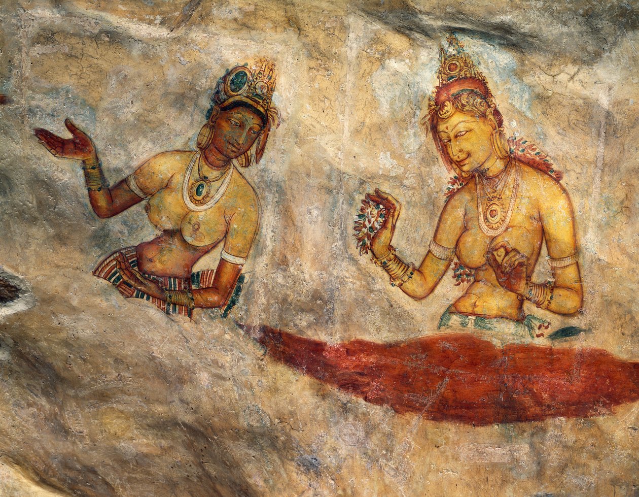 天女阿普萨拉丝（Apsaras），献花的天女，壁画，锡吉里耶坚固城堡（联合国教科文组织世界遗产名录 作者 未知艺术家
