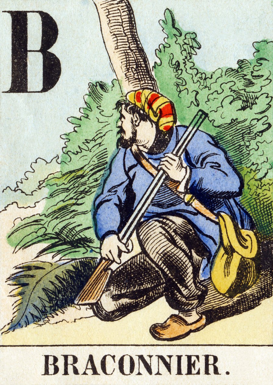 B : Braconnier - 狩猎字母表，约1890年（雕刻）。 作者 不明