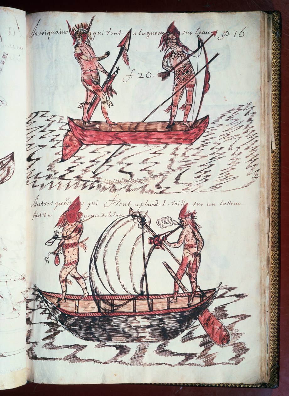 印第安人的船，来自Codex Canadensis（1664-1675）的一页，法国路易-尼古拉的羊皮纸手稿。 作者 未知艺术家