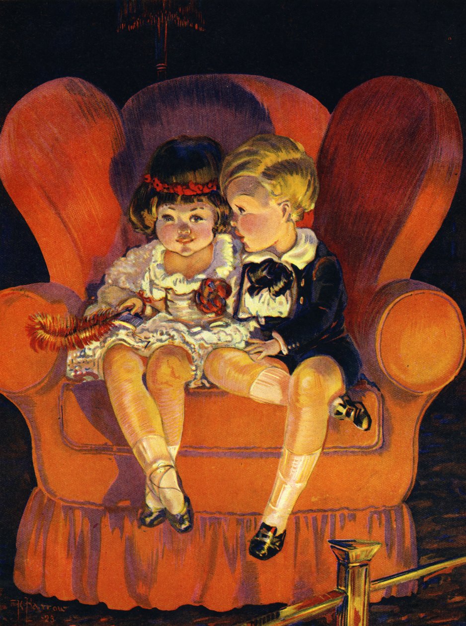 坐在扶手椅上的男孩和女孩 1923 年。 作者 未知艺术家