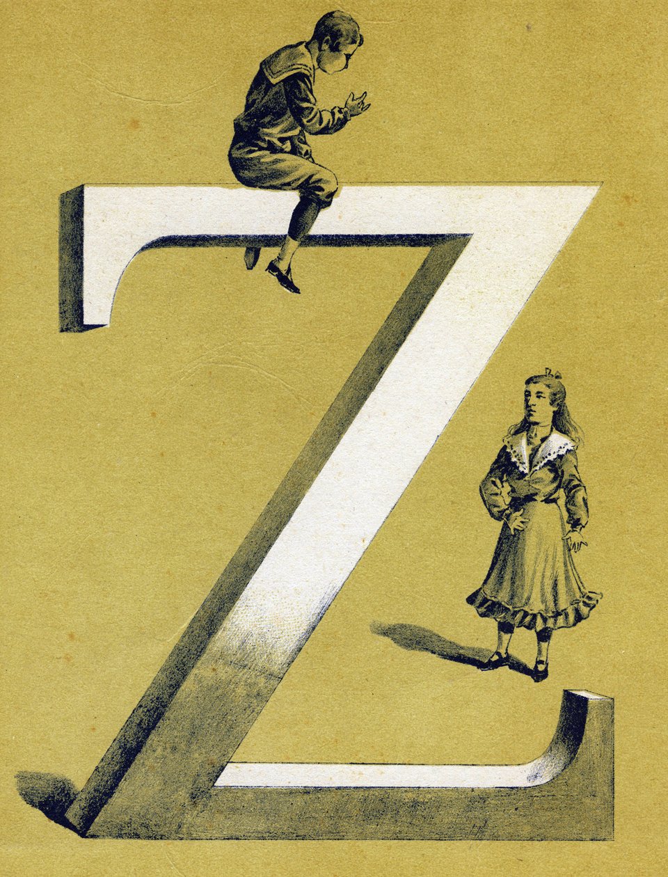 男孩坐在字母Z上，小女孩站在他下面。有插图的字母表。20世纪初，在贾维尔-南希重聚的图像作品。尺寸：40 x 29厘米。石版印刷，背景为双色玻璃 作者 不明