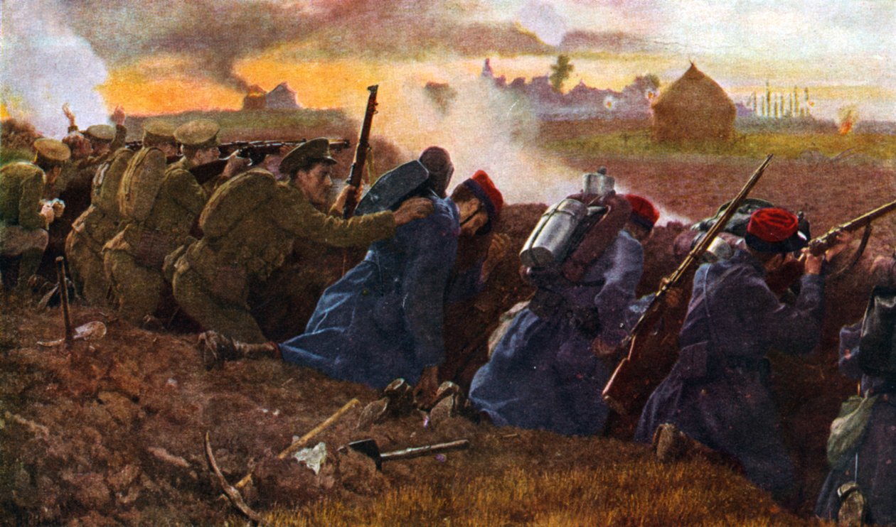 1914 年秋，英军与法军一起阻击德军的第一次进攻 作者 未知艺术家