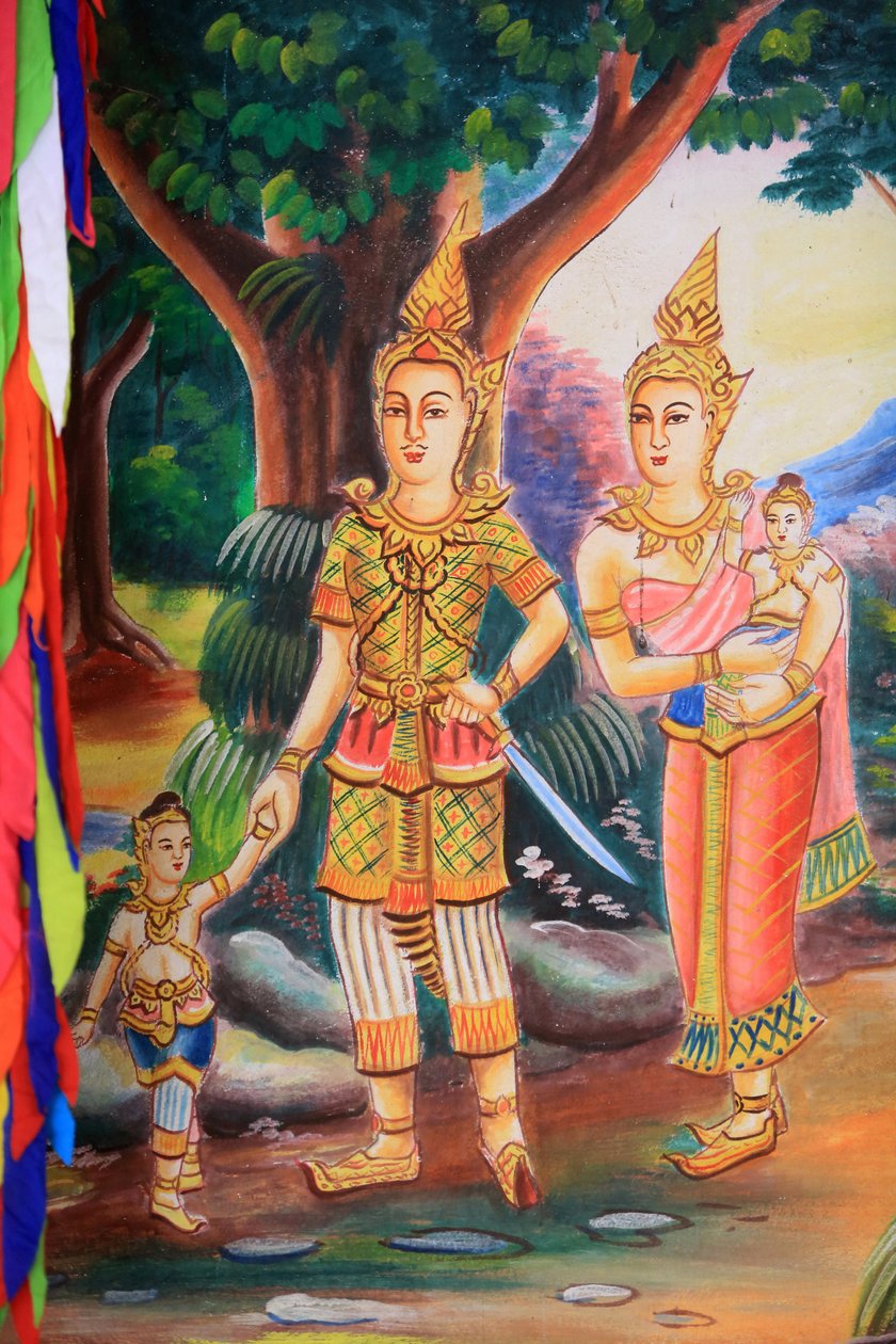 描绘佛祖生活的天花板艺术品。Wat Si Sou Mang Karam寺。Vieng Vang.老挝, 20151102, Vieng Vang, 老挝 作者 不明
