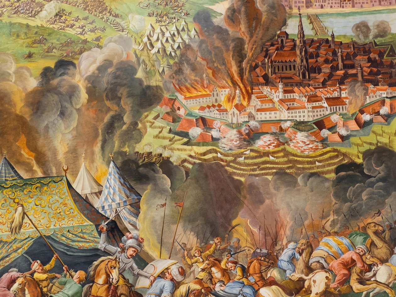 圣凯瑟琳教堂侧过道的天花板壁画，1683 年维也纳退役，哈布斯堡王朝陵墓，格拉茨，施蒂里亚州，奥地利，欧洲（照片） 作者 未知艺术家