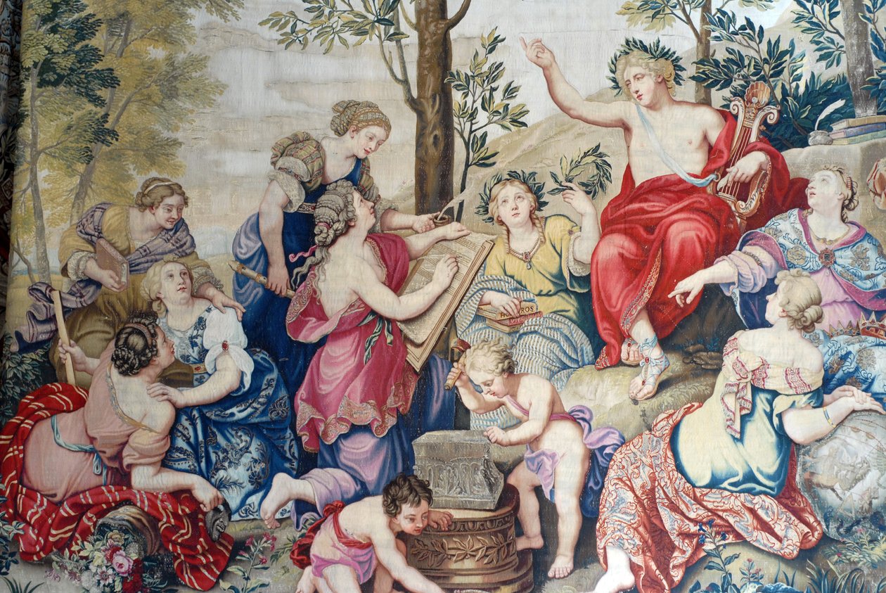 枫丹白露城堡：细节，1687 年在戈贝兰工厂根据皮埃尔-米尼亚尔（Pierre Mignard）在圣云城堡为国王的弟弟菲利普-奥尔良公爵（1640-1701 年）创作的巨幅画作为路易十四编织的帷幔。这幅 作者 未知艺术家